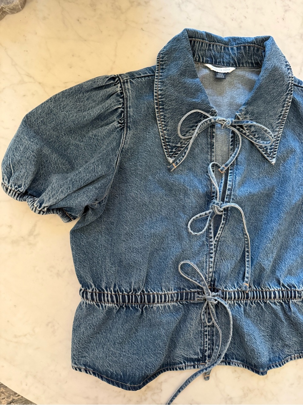 American Eagle Women's Denim Puff Sleeve Tie Front Peplum Top Size M